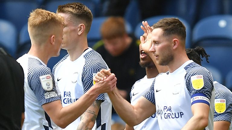 Alan Browne is congratulated by his team-mates after giving Preston the lead against Middlesbrough