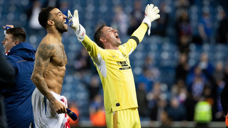Rangers&#39; Allan McGregor at full time after the semi-final between Rangers and RB Leipzig at Ibrox 