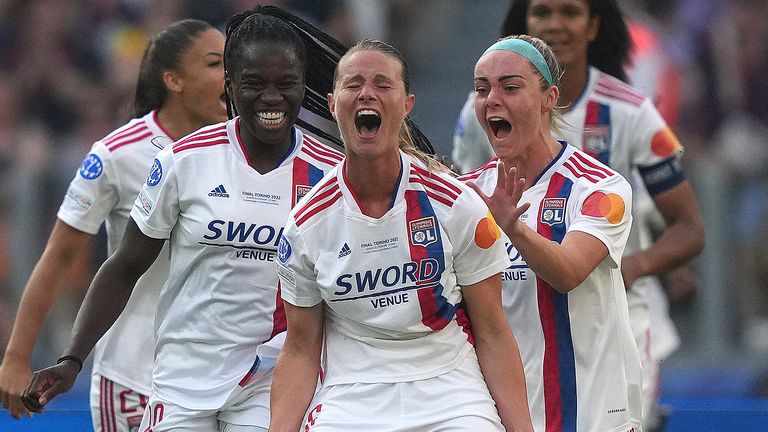 Amandine Henry celebrates after opening the scoring for Lyon in the Women&#39;s Champions League final