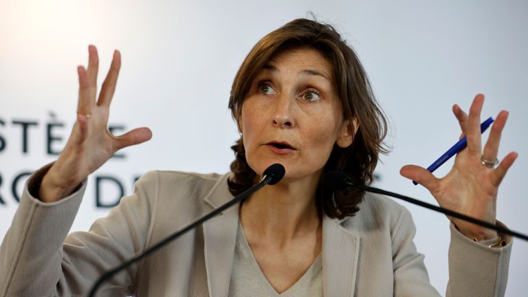 Sports Minister Amélie Oudea-Castera attends a press conference