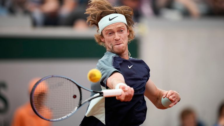 Russia&#39;s Andrey Rublev plays a shot against Korea...s Kwon Soonwoo during their first round match at the French Open tennis tournament in Roland Garros stadium in Paris, France, Tuesday, May 24, 2022. (AP Photo/Christophe Ena)