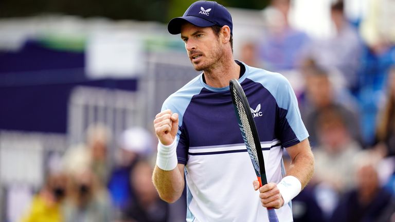Andy Murray celebrates during his match on day two of the Surbiton Trophy at Surbiton Racket and Fitness Club. Picture date: Monday May 30, 2022.