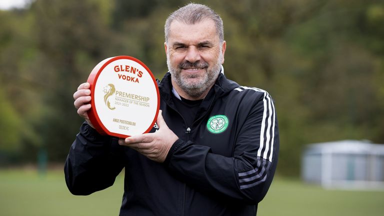 GLASGOW, SCOTLAND - MAY 06: Ange Postecoglou with the Glen's manager of the season award at Lennoxtown, on May 06, 2022, in Glasgow, Scotland. (Photo by Craig Williamson / SNS Group)