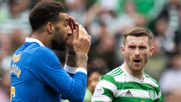 GLASGOW, SCOTLAND - MAY 01: Anthony Raslton and Connor Goldson during a cinch Premiership match between Celtic and Rangers at Celtic Park, on May 01, 2022, in Glasgow, Scotland.  (Photo by Craig Williamson / SNS Group)