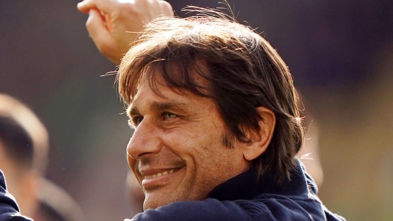 Tottenham Hotspur manager Antonio Conte celebrates after the Premier League match at Carrow Road, Norwich. Picture date: Sunday May 22, 2022.