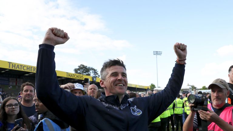 Bristol Rovers manager Joey Barton celebrating promotion to the Sky Bet League One following the Sky Bet League Two match at the Memorial Stadium, Bristol. Picture date: Saturday May 7, 2022.