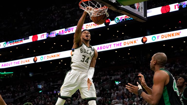 Giannis Antetokounmpo provided the assist for himself before completing the emphatic dunk as Milwaukee continued to dominate Boston.