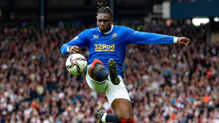 GLASGOW, SCOTLAND - MAY 21: Rangers Calvin Bassey in action during the Scottish Cup Final match between Rangers and Hearts at Hampden Park, on May 21, 2022, in Glasgow, Scotland.  (Photo by Craig Williamson / SNS Group)