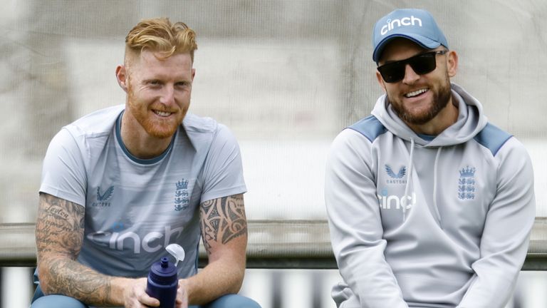 Ben Stokes and Brendon McCullum smile during a practice session at Lord&#39;s