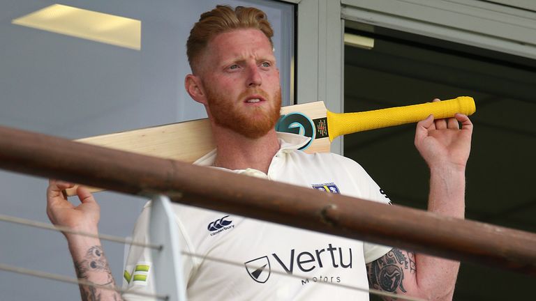 Durham's Ben Stokes watches from the players balcony during the LV