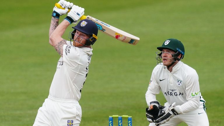 Ben Stokes hit five straight sixes to extend his century to 64 for Durham against Worcestershire.