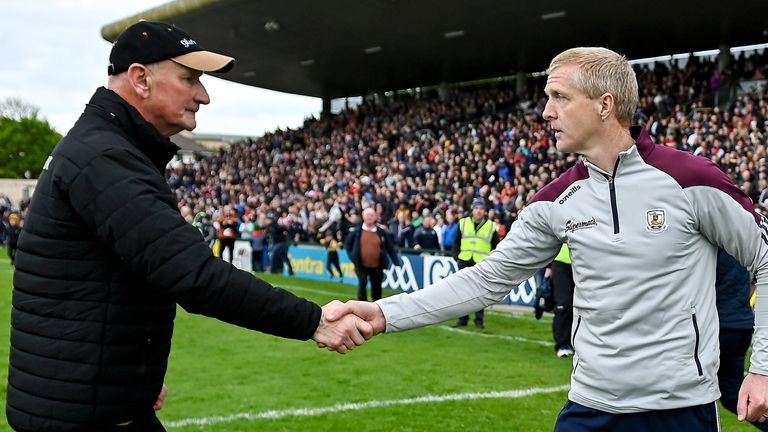 1 May 2022; Kilkenny manager Brian Cody, left, and Galway manager Henry Shefflin shake hands after the Leinster GAA Hurling Senior Championship Round 3 match between Galway and Kilkenny at Pearse Stadium in Galway. Photo by Brendan Moran/Sportsfile
