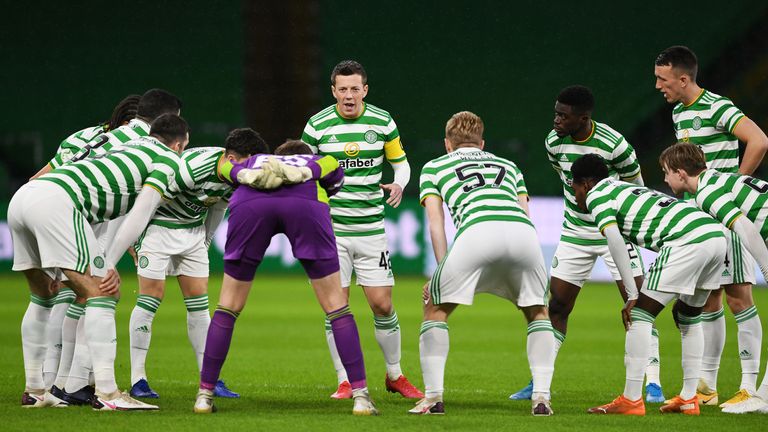 GLASGOW, SCOTLAND - JANUARY 11: Celtic's Callum McGregor addresses his team mates ahead of kick off during the Scottish Premiership match between Celtic and Hibernian at Celtic Park on January 11, 2021, in Glasgow, Scotland. (Photo by Craig Foy / SNS Group)