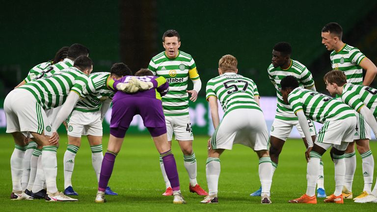 GLASGOW, SCOTLAND - JANUARY 11: Celtic&#39;s Callum McGregor addresses his team mates ahead of kick off during the Scottish Premiership match between Celtic and Hibernian at Celtic Park on January 11, 2021, in Glasgow, Scotland. (Photo by Craig Foy / SNS Group)