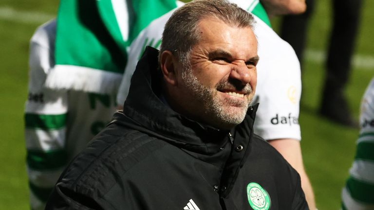 DUNDEE, SCOTLAND - MAY 11: Celtic Manager Ange Postecoglou.  celebrates full time during a cinch Premiership match between Dundee Utd and Celtic at Tannadice on May 11, 2022, in Dundee, Scotland.  (Photo by Alan Harvey/SNS Group)