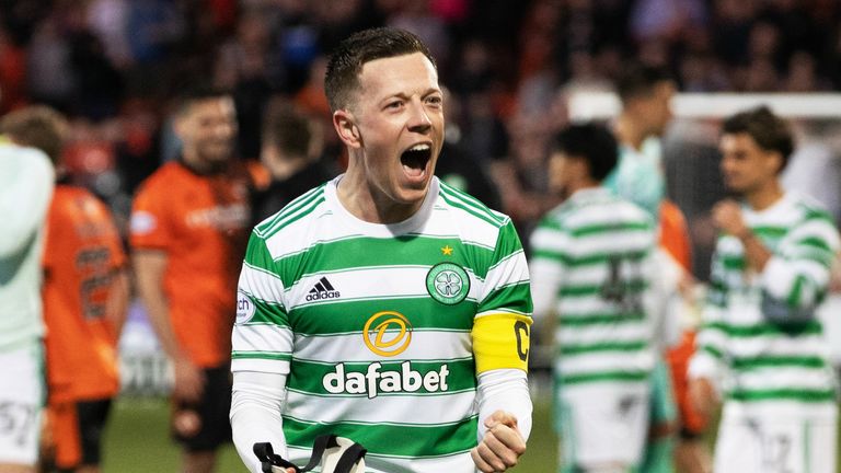 Callum McGregor celebrates their title winning match at Dundee United 