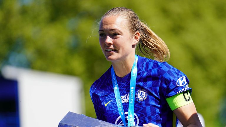 Chelsea&#39;s Magdalena Eriksson with the Barclays FA Women&#39;s Super League trophy after her side won the competion after the Barclays FA Women&#39;s Super League match at Kingsmeadow Stadium, London.