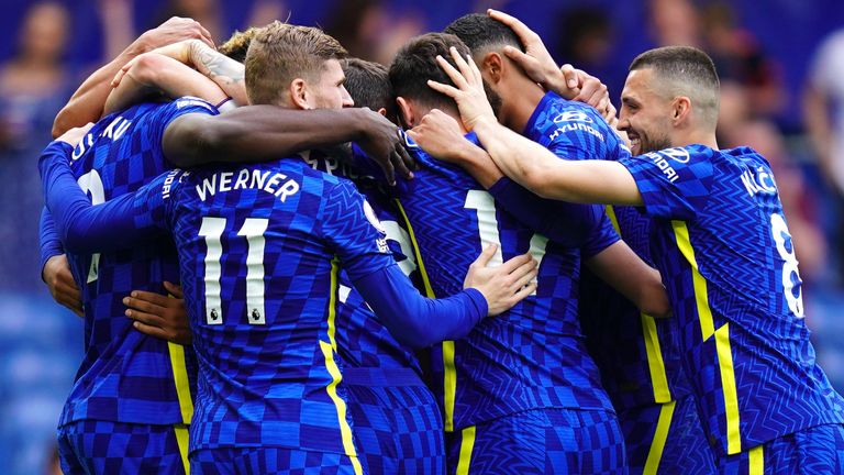 Chelsea players mob Romelu Lukaku after the striker's penalty gave the Blues a 1-0 lead over Wolves