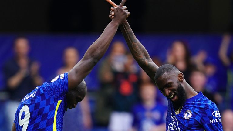 Lukaku celebrates his second with Antonio Rudiger