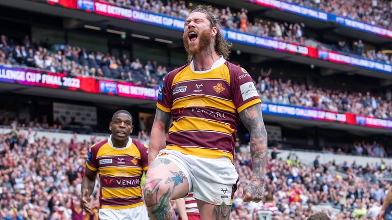 Picture by Allan McKenzie/SWpix.com - 28/05/2022 - Rugby League - Betfred Challenge Cup Final - Huddersfield Giants v Wigan Warriors - Tottenham Hotspur Stadium, London, England - Huddersfield's Chris McQueen celebrates his try against Wigan.