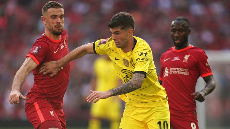 Chelsea's Christian Pulisic (centre) gets past Liverpool's Sadio Mane (left) and Naby Keita 