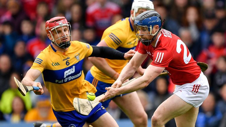 1 May 2022; Conor Lehane of Cork is tackled by John Conlon of Clare during the Munster GAA Hurling Senior Championship Round 3 match between Cork and Clare at FBD Semple Stadium in Thurles, Tipperary. Photo by Ray McManus/Sportsfile