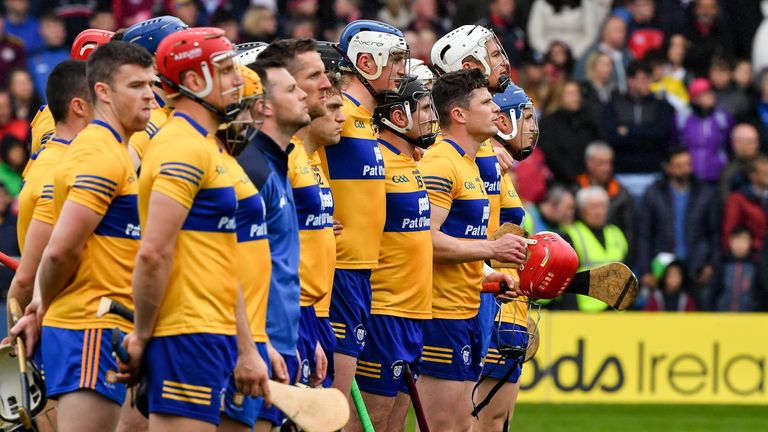 1 May 2022; The Clare players stand as the National Anthem is played before the Munster GAA Hurling Senior Championship Round 3 match between Cork and Clare at FBD Semple Stadium in Thurles, Tipperary. Photo by Ray McManus/Sportsfile