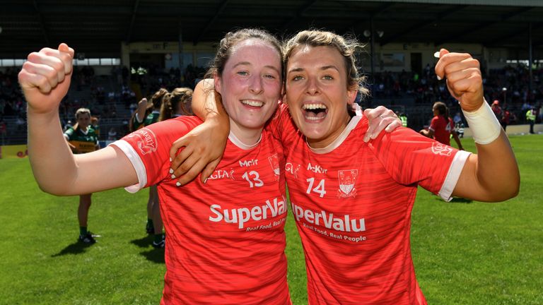 28 May 2022; Aine O'Sullivan, left, and Doireann O'Sullivan of Cork celebrate after the TG4 Munster Senior Ladies Football Championship Final match between Kerry and Cork at Fitzgerald Stadium in Killarney. Photo by Diarmuid Greene/Sportsfile
