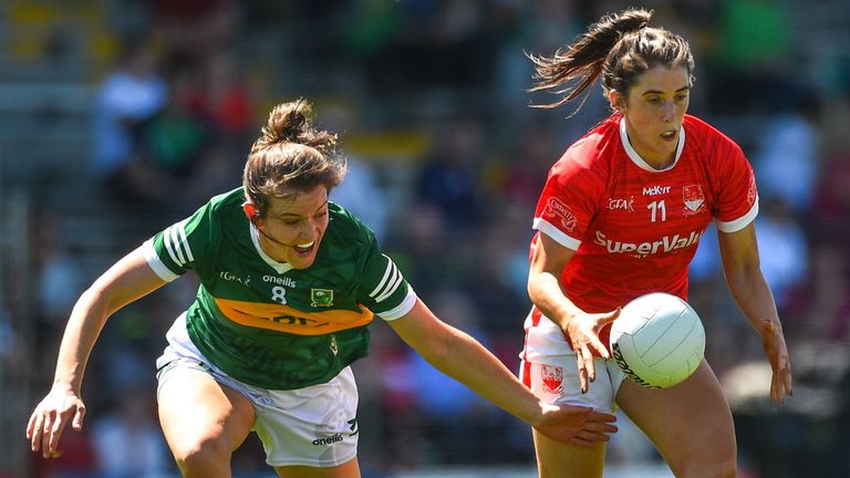 28 May 2022; Ciara O'Sullivan of Cork in action against Anna Galvin of Kerry during the TG4 Munster Senior Ladies Football Championship Final match between Kerry and Cork at Fitzgerald Stadium in Killarney. Photo by Diarmuid Greene/Sportsfile