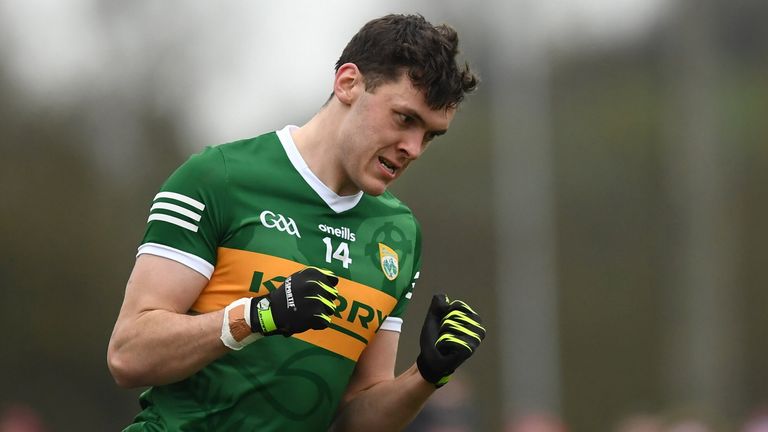 27 February 2022; David Clifford of Kerry celebrates after scoring a goal during the Allianz Football League Division 1 match between Monaghan and Kerry at Inniskeen in Monaghan. Photo by Philip Fitzpatrick/Sportsfile