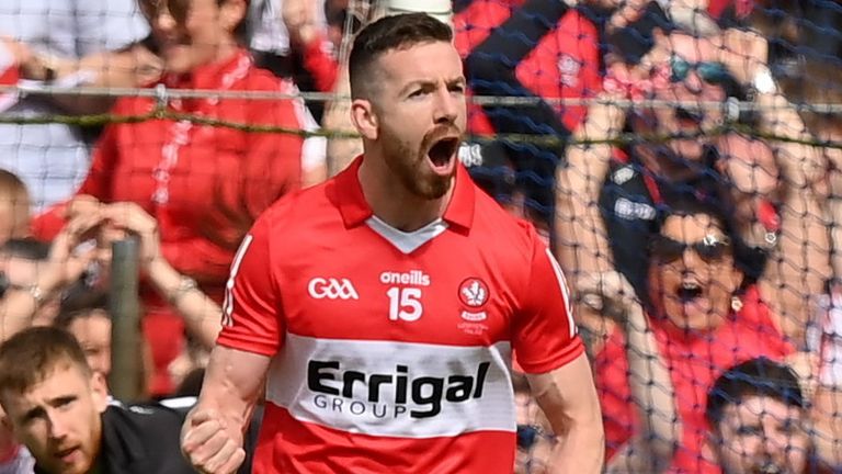 29 May 2022; Niall Loughlin of Derry celebrates after scoring his side's first goal during the Ulster GAA Football Senior Championship Final between Derry and Donegal at St Tiernach's Park in Clones, Monaghan. Photo by Stephen McCarthy/Sportsfile