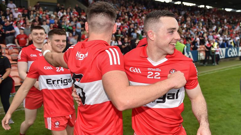 15 May 2022; Conor Doherty, left, and Niall Toner of Derry celebrate after the Ulster GAA Football Senior Championship Semi-Final match between Derry and Monaghan at Athletic Grounds in Armagh. Photo by Daire Brennan/Sportsfile