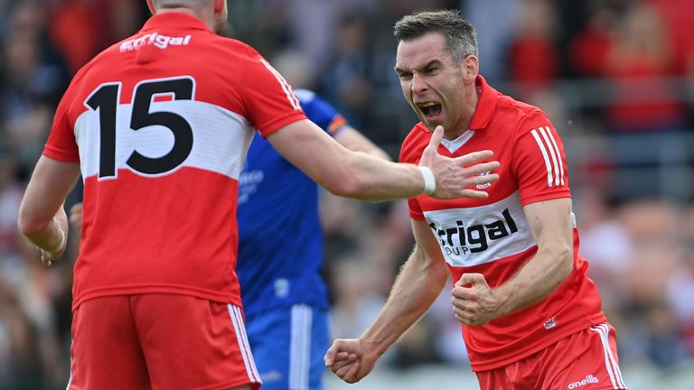 15 May 2022; Benny Heron of Derry celebrates after scoring his side's second goal during the Ulster GAA Football Senior Championship Semi-Final match between Derry and Monaghan at Athletic Grounds in Armagh. Photo by Ramsey Cardy/Sportsfile