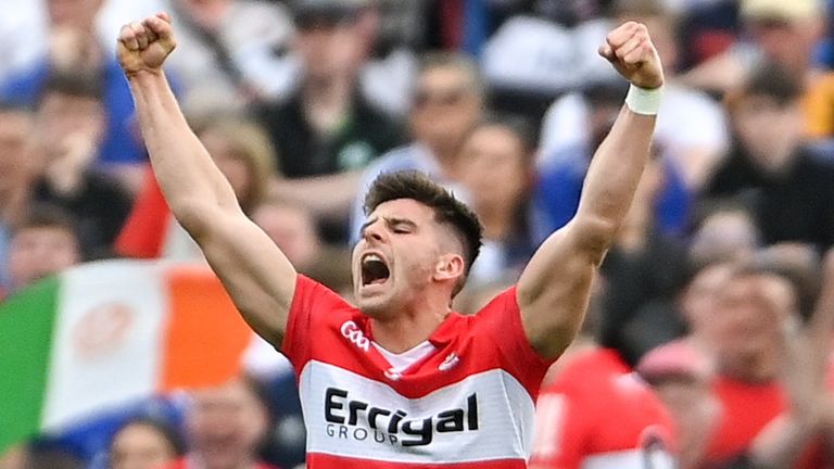 15 May 2022; Conor Doherty of Derry, celebrates his side's third goal, scored by Benny Heron, during the Ulster GAA Football Senior Championship Semi-Final match between Derry and Monaghan at Athletic Grounds in Armagh. Photo by Ramsey Cardy/Sportsfile