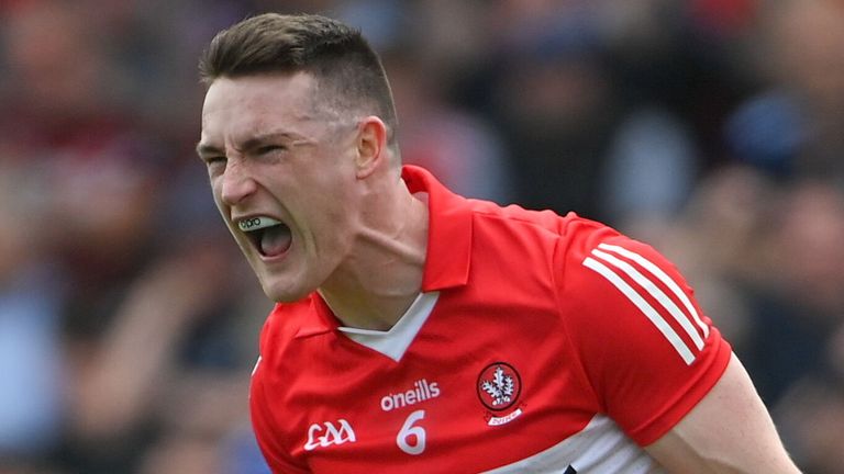 Gareth McKinless of Derry celebrates after scoring his side's first goal against Monaghan