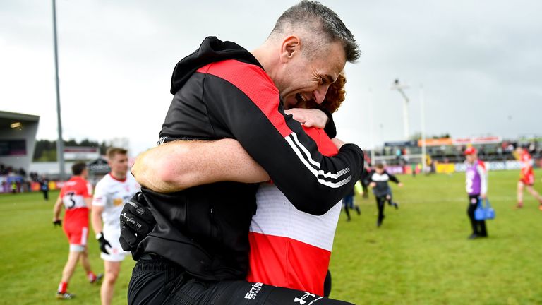 1 May 2022; Derry manager Rory Gallagher celebrates with Conor Glass after the Ulster GAA Football Senior Championship Quarter-Final match between Tyrone and Derry at O'Neills Healy Park in Omagh, Tyrone. Photo by David Fitzgerald/Sportsfile