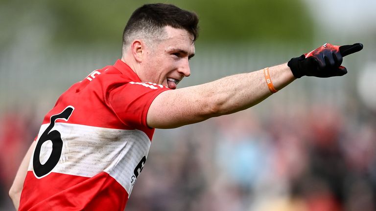1 May 2022; Gareth McKinless of Derry celebrates a score during the Ulster GAA Football Senior Championship Quarter-Final match between Tyrone and Derry at O'Neills Healy Park in Omagh, Tyrone. Photo by David Fitzgerald/Sportsfile