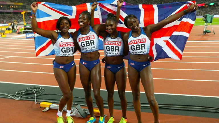 (left to right) Great Britain&#39;s Asha Philip, Desiree Henry, Dina Asher-Smith and Daryll Neita celebrate winning silver in the Women&#39;s 4x100m relay at the 2017 World Championships in London