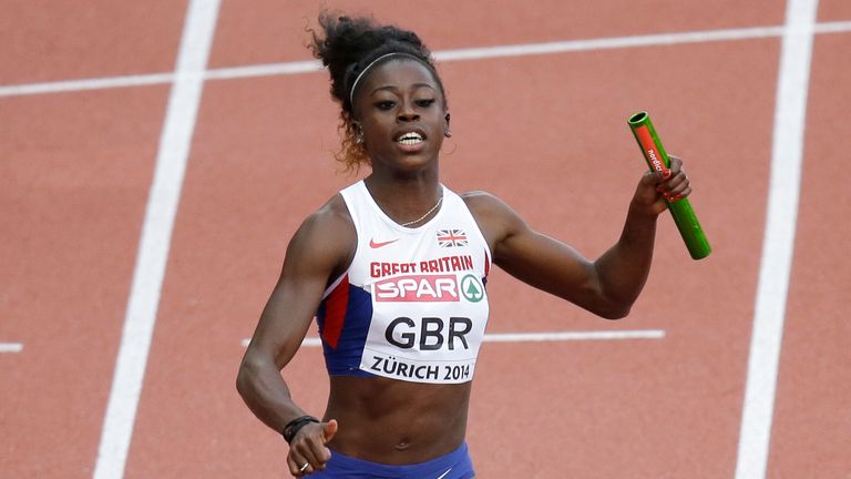 Britain's Desiree Henry crosses the line to to give her team the gold medal in the women's 4x100m relay final during the European Athletics Championships in Zurich, Switzerland, Sunday, Aug. 17, 2014.