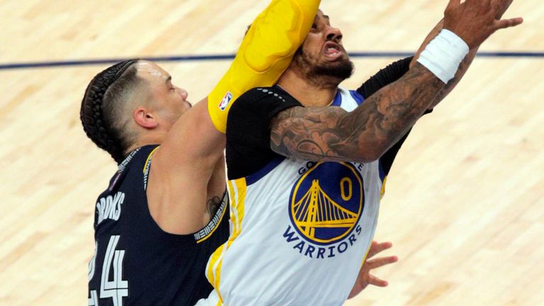 Dillon Brooks fouled Gary Peyton II in the first quarter when the Golden State Warriors played the Memphis Grizzlies in Game 2 on the FedEx Forum.
