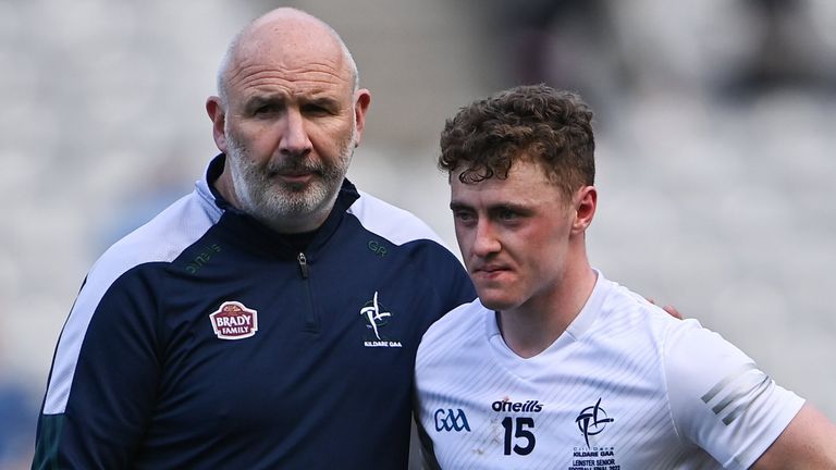 28 May 2022; Kildare manager Glenn Ryan consoles Jimmy Hyland after their side's defeat in the Leinster GAA Football Senior Championship Final match between Dublin and Kildare at Croke Park in Dublin. Photo by Piaras .. M..dheach/Sportsfile
