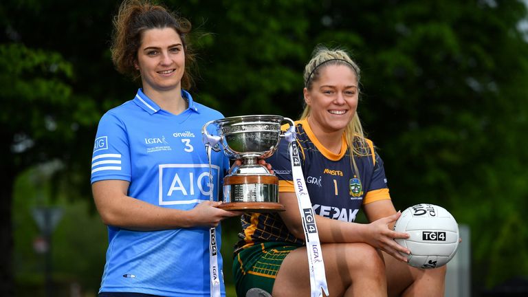 25 May 2022; Niamh Collins of Dublin, left, and Meath goalkeeper Monica McGuirk during the TG4 Leinster LGFA Senior Championship Captain...s Evening 2022 at Johnstown Estate Hotel in Meath. Photo by Brendan Moran/Sportsfile 