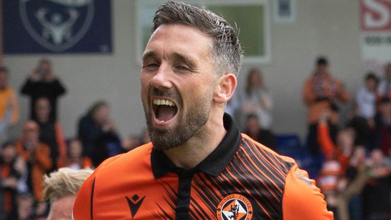 DINGWALL, SCOTLAND - MAY 14: Dundee United&#39;s Nicky Clark celebrates his first goal during a cinch Premiership match between Ross County and Dundee United at The Global Energy Stadium, on May 14, 2022, in Dingwall, Scotland. (Photo by Paul Devlin / SNS Group)