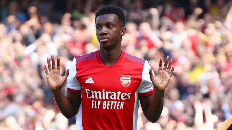 Eddie Nketiah celebrates in muted fashion after giving Arsenal the lead against Leeds