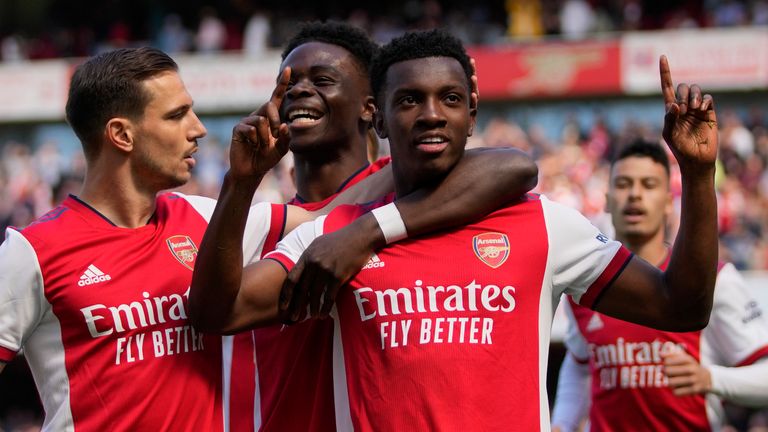 Eddie Nketiah is mobbed by his Arsenal team-mates after scoring against Leeds
