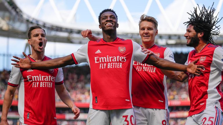 Eddie Nketiah celebra su segundo gol del partido ante el Leeds