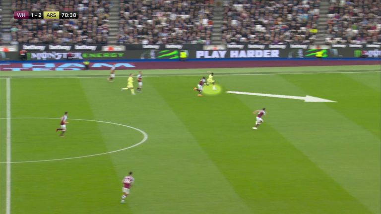 Nketiah runs behind after hanging on to a wayward pass from West Ham