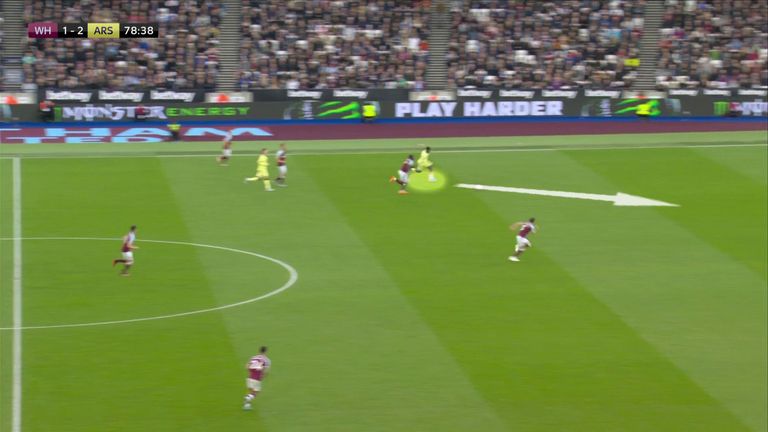 Nketiah runs in behind having latched onto a wayward West Ham pass