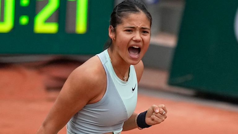 Britain's Emma Raducanu clenches her fist after scoring a point against Linda Noskova of the Czech Republic during their first round match at the French Open tennis tournament in Roland Garros stadium in Paris, France, Monday, May 23, 2022. (AP Photo/Michel Euler)