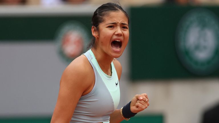 Emma Raducanu of Great Britain celebrates against Linda Noskova of Czech Republic during the Women&#39;s Singles First Round match on Day 2 of The 2022 French Open at Roland Garros on May 23, 2022 in Paris, France. (Photo by Clive Brunskill/Getty Images)